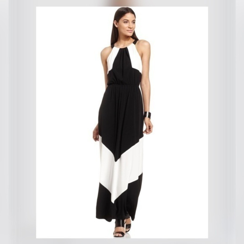 Vince Camuto Black & White Halter Color Block Maxi Dress Summer Anywhere Dress 0